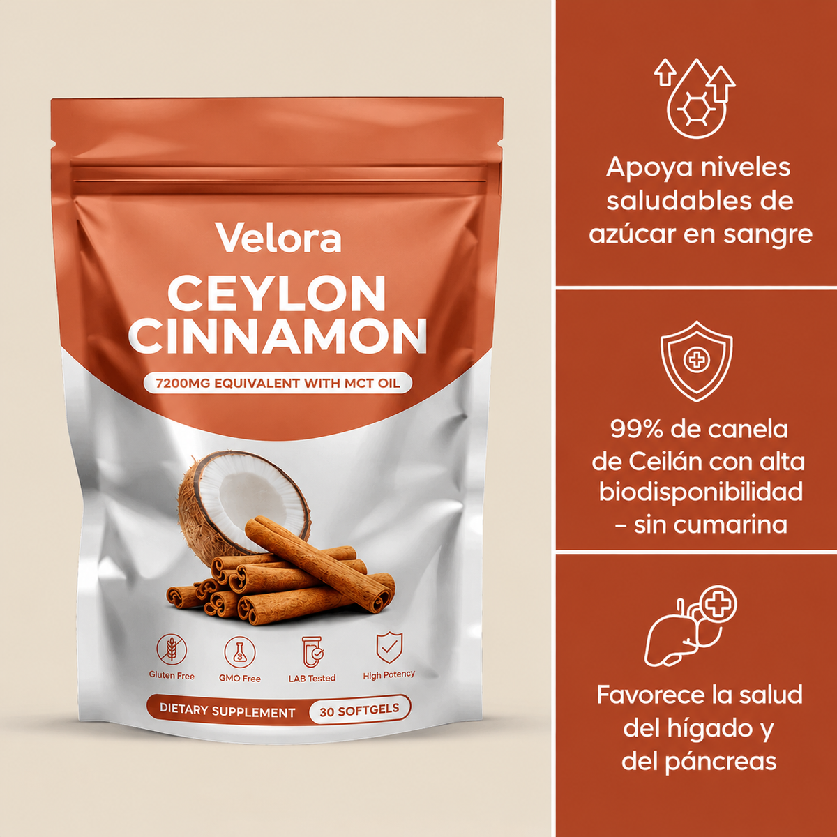 Velora - Cápsulas de Canela de Ceilán 7200 mg