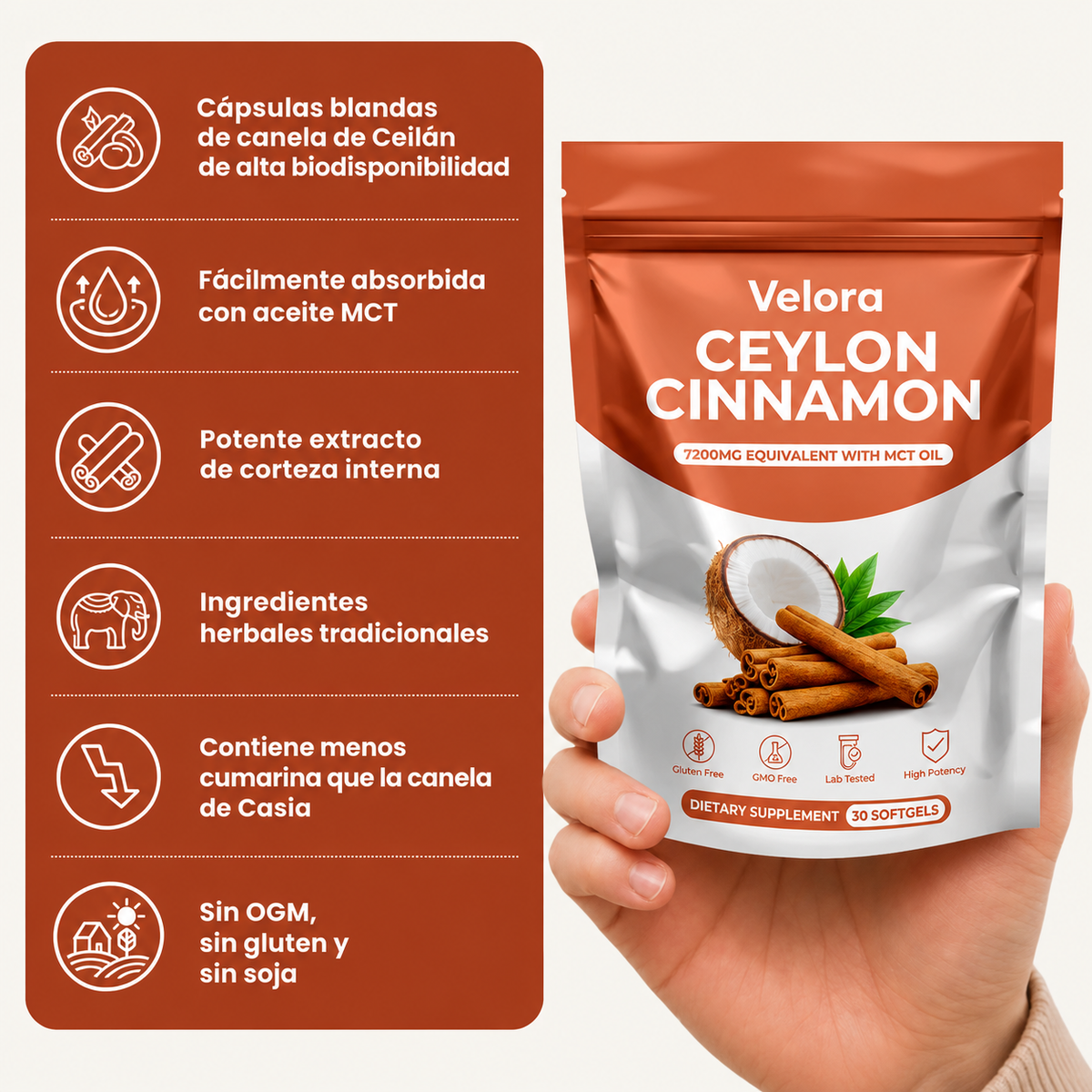 Velora - Cápsulas de Canela de Ceilán 7200 mg